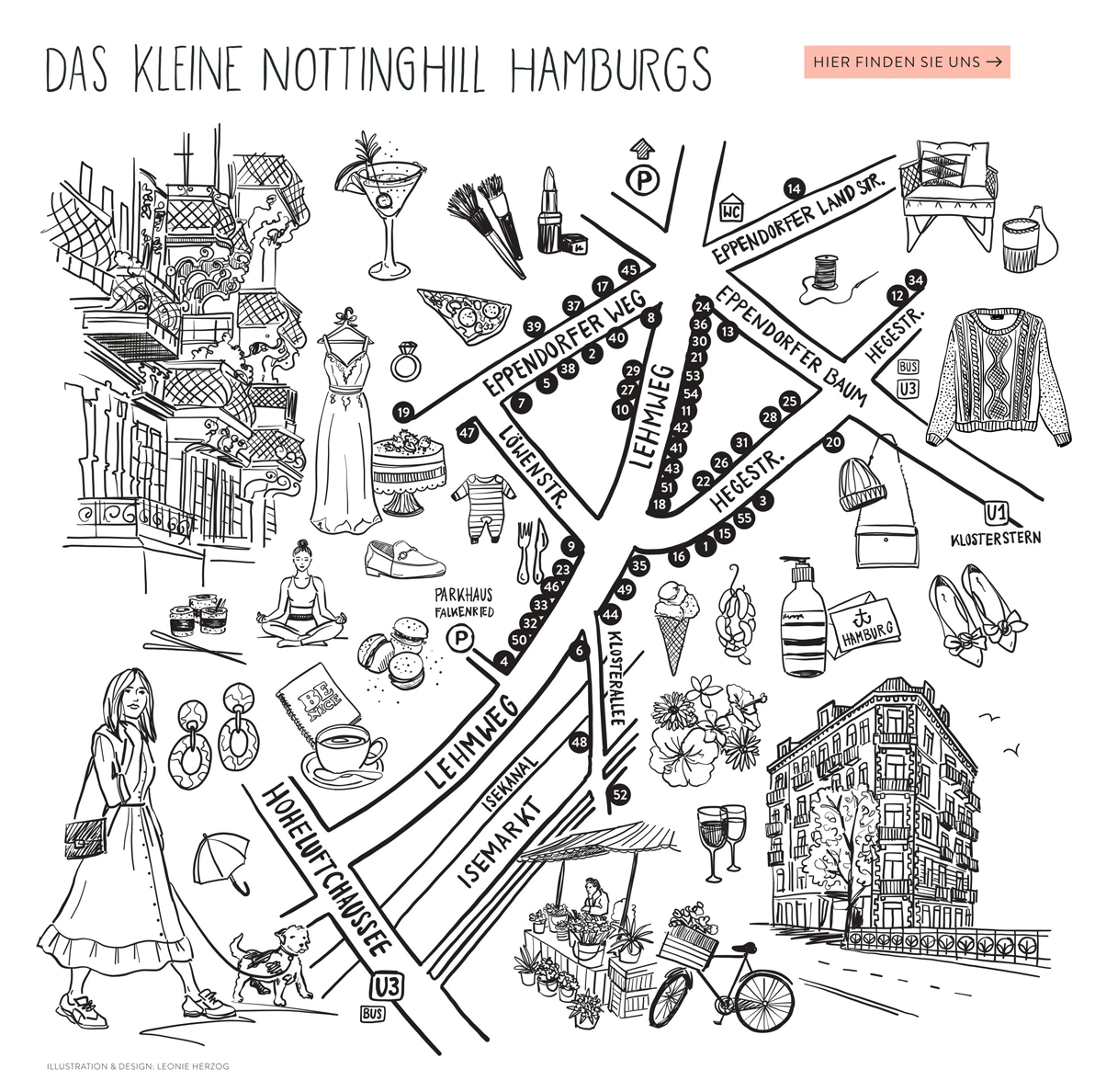 Illustrierte Karte „Das kleine Notting Hill Hamburgs“: Eppendorf und Hoheluft mit Cafés, Läden und Grünanlagen